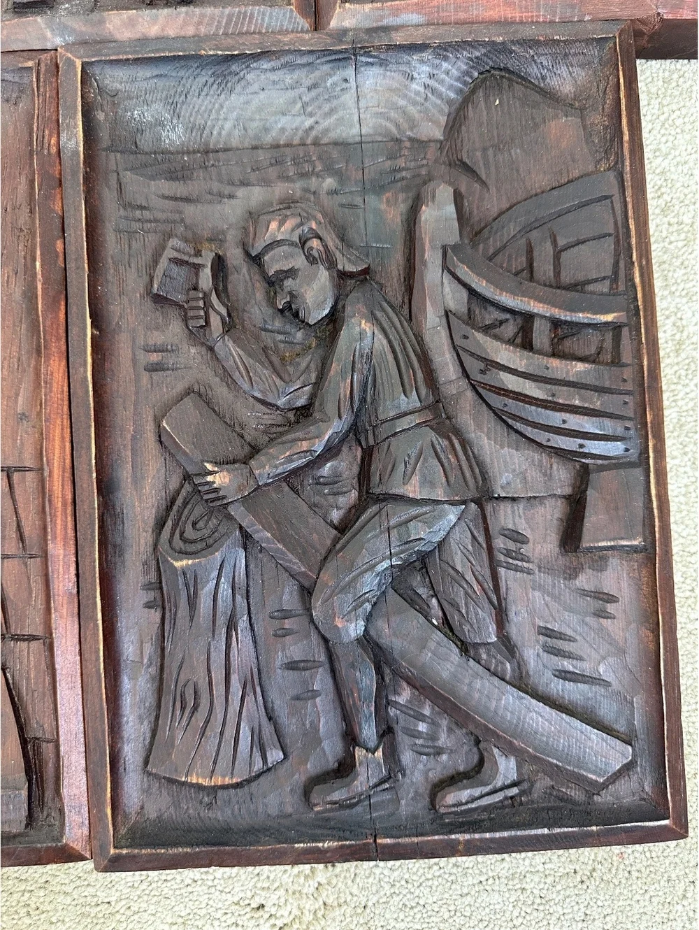 VTG Spanish Hand Carved Wood Medieval Trades Bas Relief Wall Plaques Set of 5